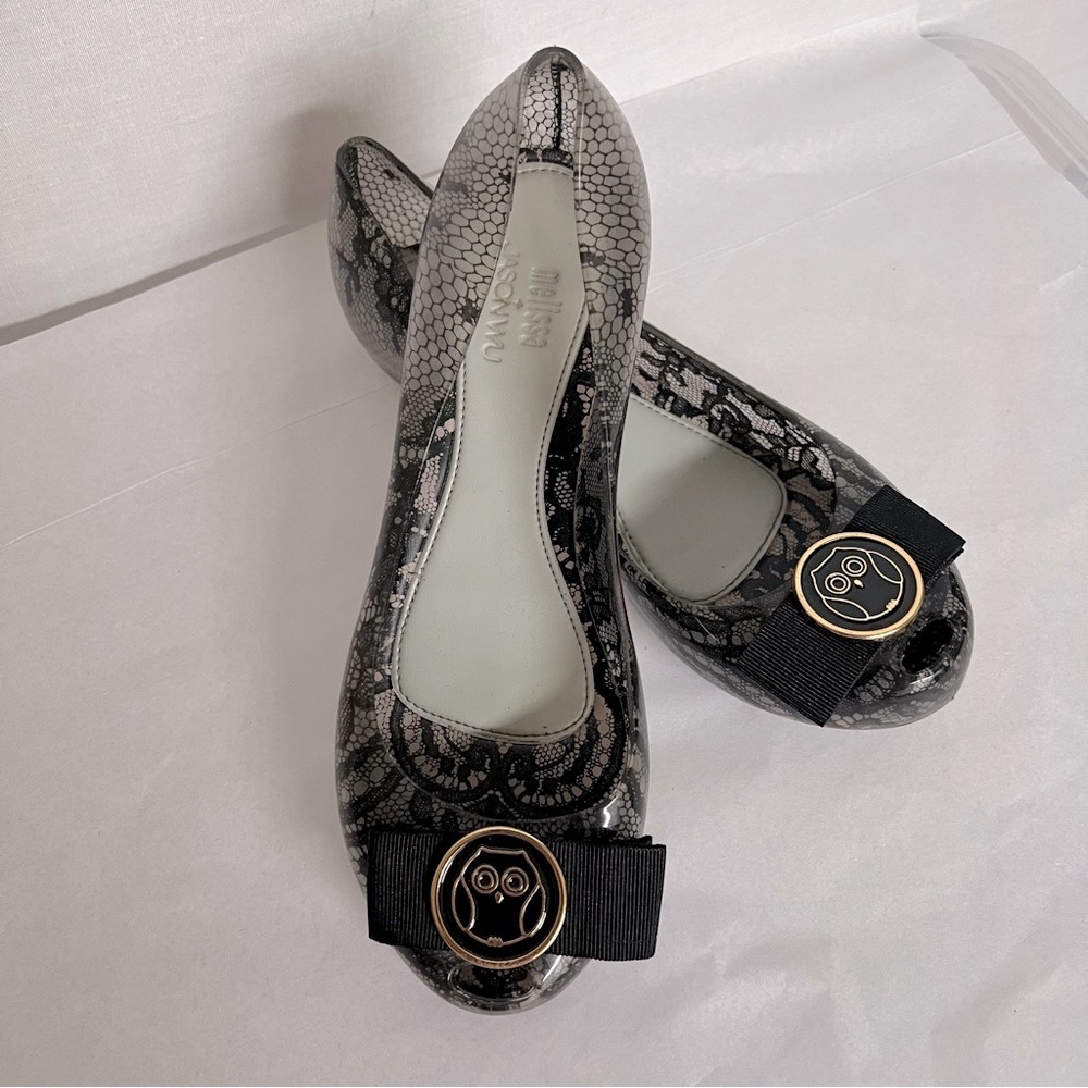 Melissa Jason Wu Black Jelly Rounded Toe Flats w/ Lace Pattern & Owl Detail Bow